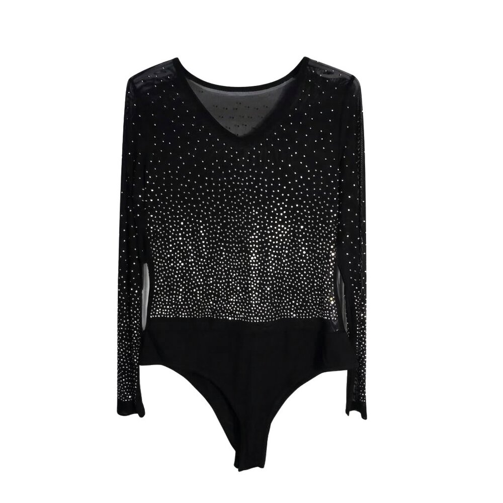 Onyx Black | Artistic Rhinestone Embellished Sheer Mesh Bodysuit | Large